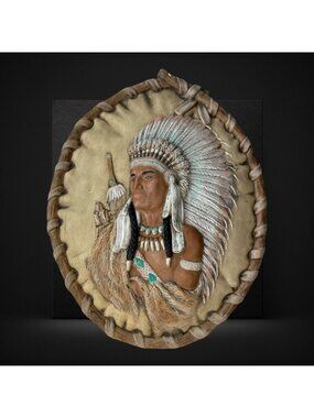 Native American Chief Warrior Wall Decor With Feather Headdress & Beaded Details